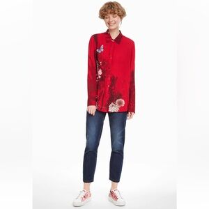 NWT Desigual Cam_Fragancy Red Printed LS/BD Too